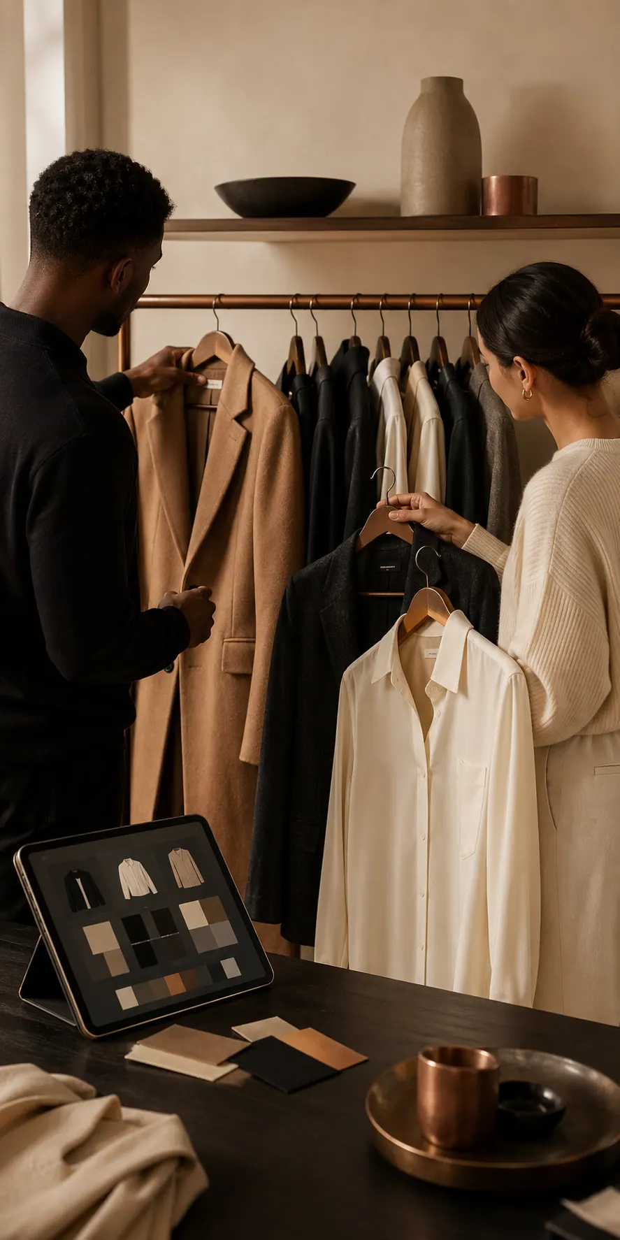 Two people selecting pieces from a wardrobe rail
